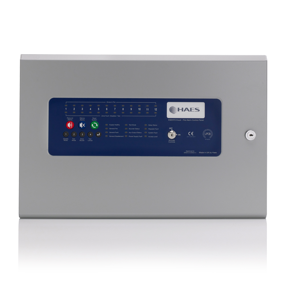 Image of an Esento Marine 12 Zone Conventional Fire Panel featuring front buttons for fire control and monitoring.