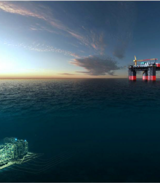 The image shows an offshore floating control station at sunset with subsea infrastructure visible beneath the ocean surface, representing an offshore energy project.