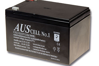 Auscell 12V 12AH sealed lead acid battery (CJ12-12) presented on a clean white background.