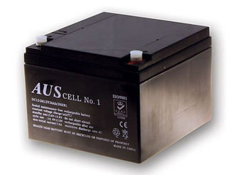 A 12Volt 26Ah sealed lead acid battery displayed against a white background, highlighting its features and dimensions.