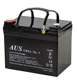 Image of a 12Volt 33Ah Sealed Lead Acid Battery on a white background, showcasing its compact design and specifications.