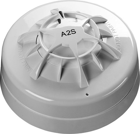 A white Apollo Orbis Marine A2S heat detector displayed against a gray background, emphasizing its sleek design and functionality.