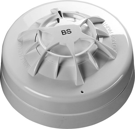 An Apollo Orbis Marine BS heat detector in white, positioned on a gray background, showcasing its essential safety design.