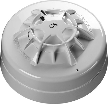 A white smoke detector, the Apollo Orbis Marine CS model, set on a gray background, highlighting its modern and practical features.