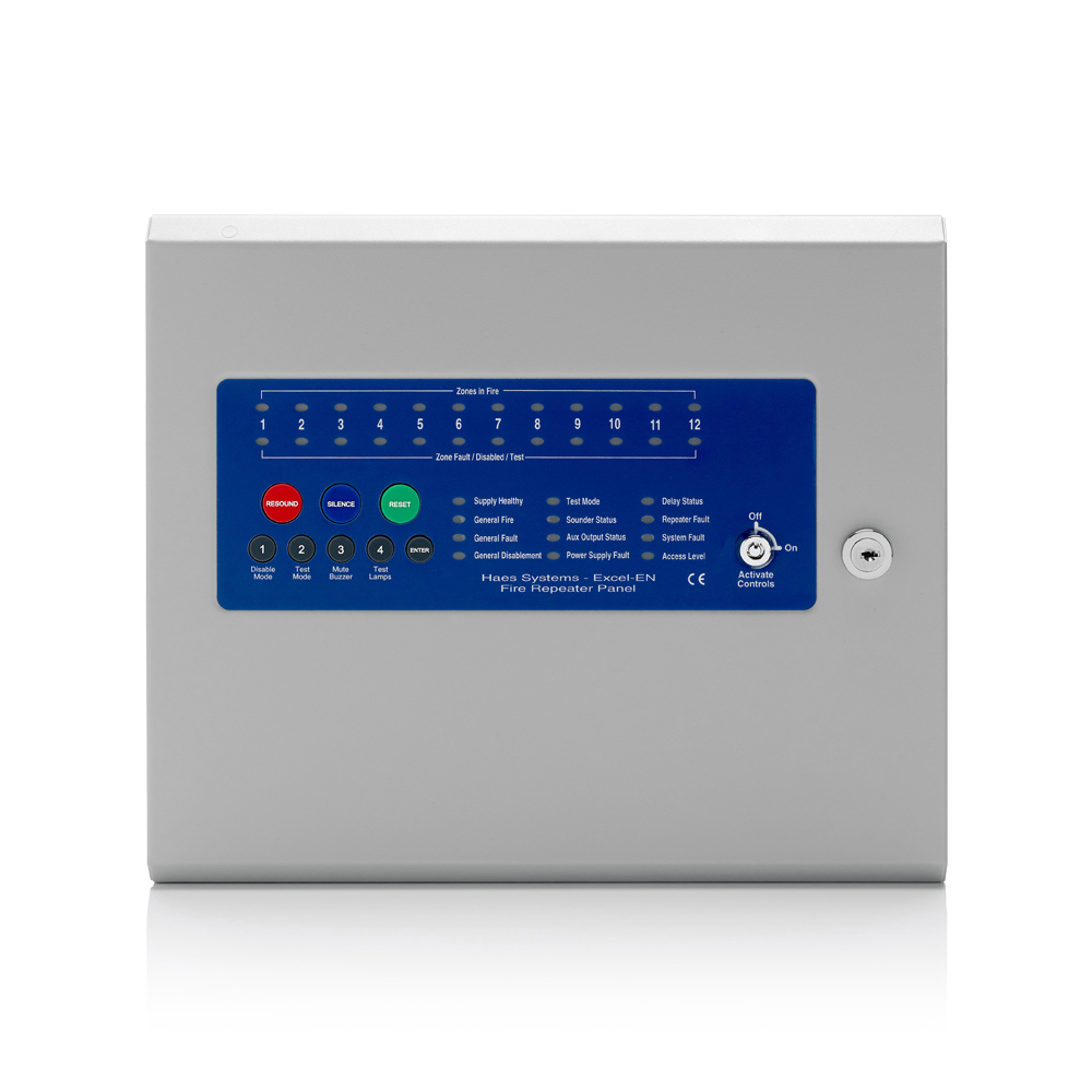 Image of an Esento Marine 12 Zone Conventional Repeater Panel featuring various buttons for fire alarm control.