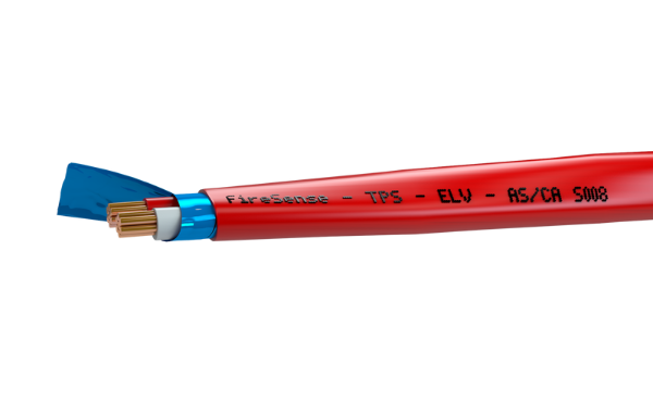 A red and blue fiber optic cable labeled 